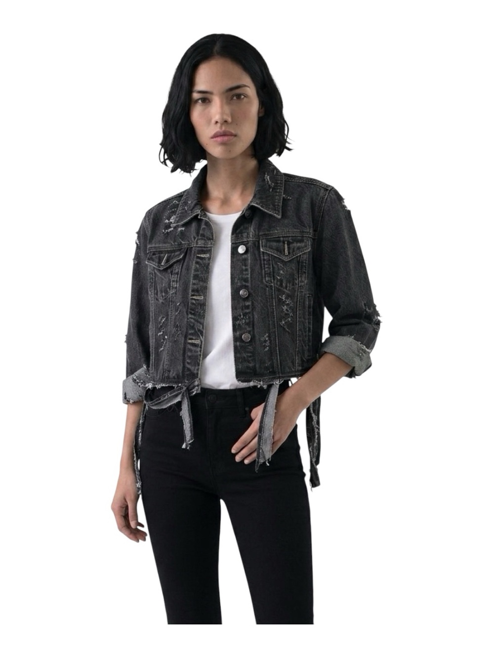 Zana Di Distressed Black Cropped Grunge Raw Hem Denim Jean Jacket Size Medium